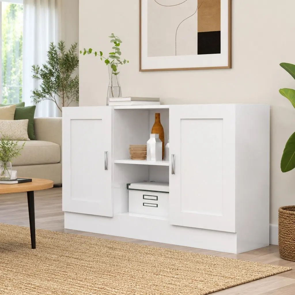 Sideboard Engineered Wood 120cm White 2 Doors 2 Compartments