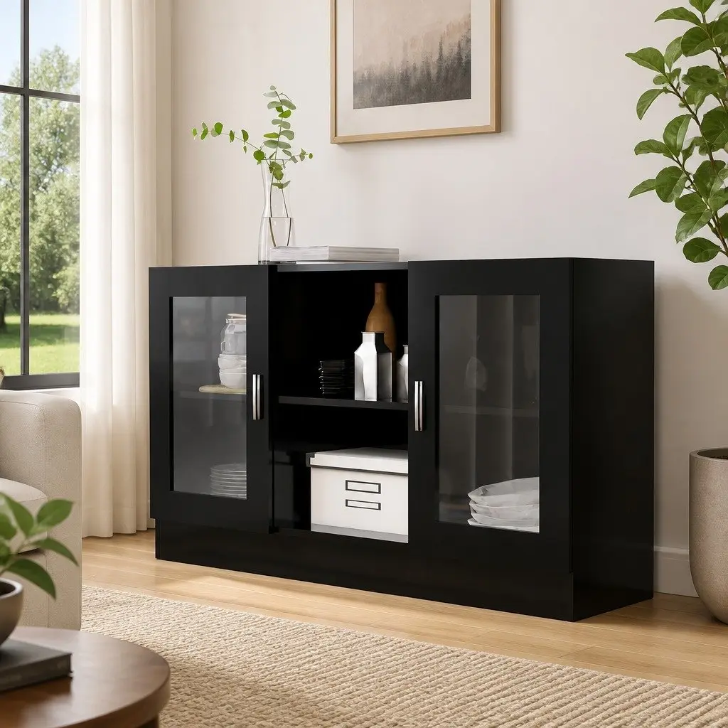 Black Vitrine Cabinet Sideboard Storage Display Buffet Engineered Wood Furniture