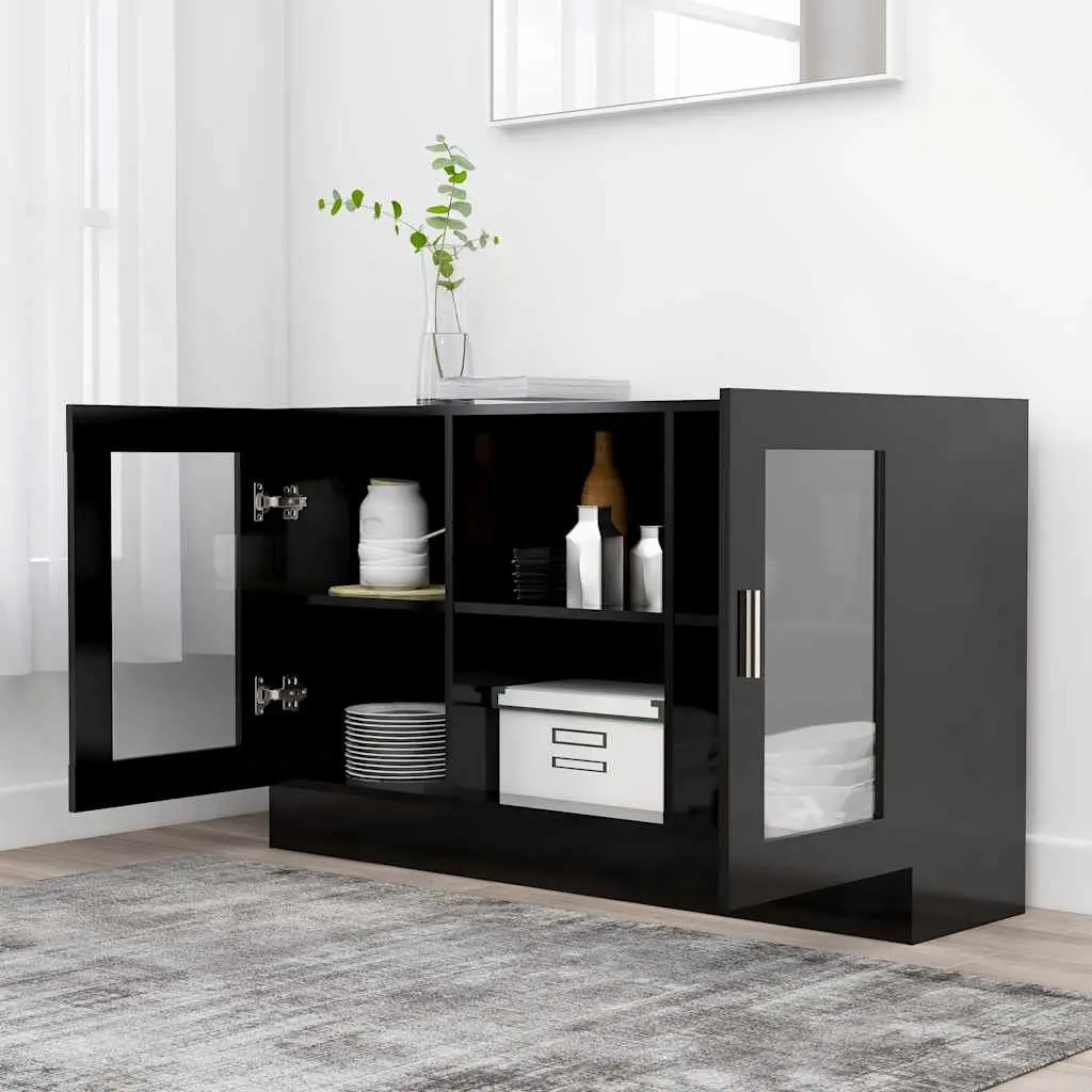 Black Vitrine Cabinet Sideboard Storage Display Buffet Engineered Wood Furniture