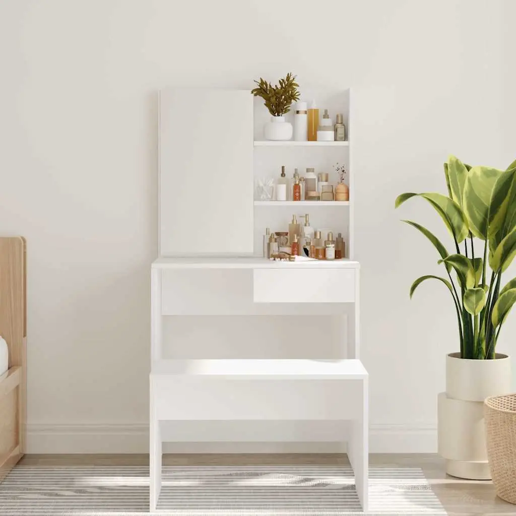 Dressing Table White Engineered Wood Modern Makeup Desk with Mirror 745x40x141cm Ample Storage for Bedroom