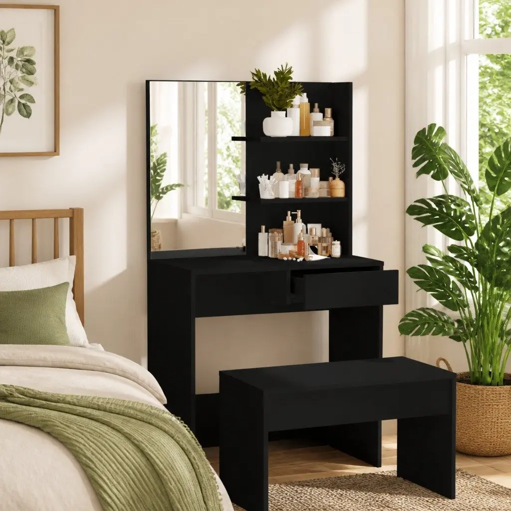 Dressing Table Engineered Wood Black Vanity Makeup Storage 74.5 x 40 x 141 cm