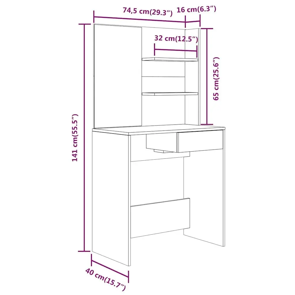 Dressing Table Engineered Wood Black Vanity Makeup Storage 74.5 x 40 x 141 cm