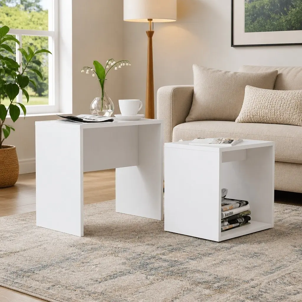 Coffee Table Set 2-Piece Nesting Design White Living Room Accent Furniture