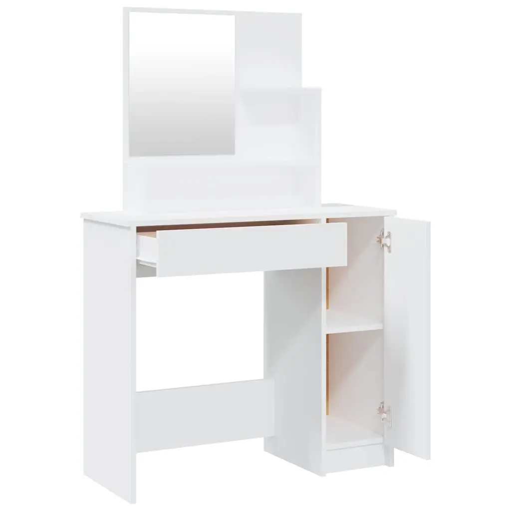 Dressing Table White Engineered Wood with Integrated Mirror Storage Drawer Open Shelves Bedroom Vanity 86.5x35x136cm