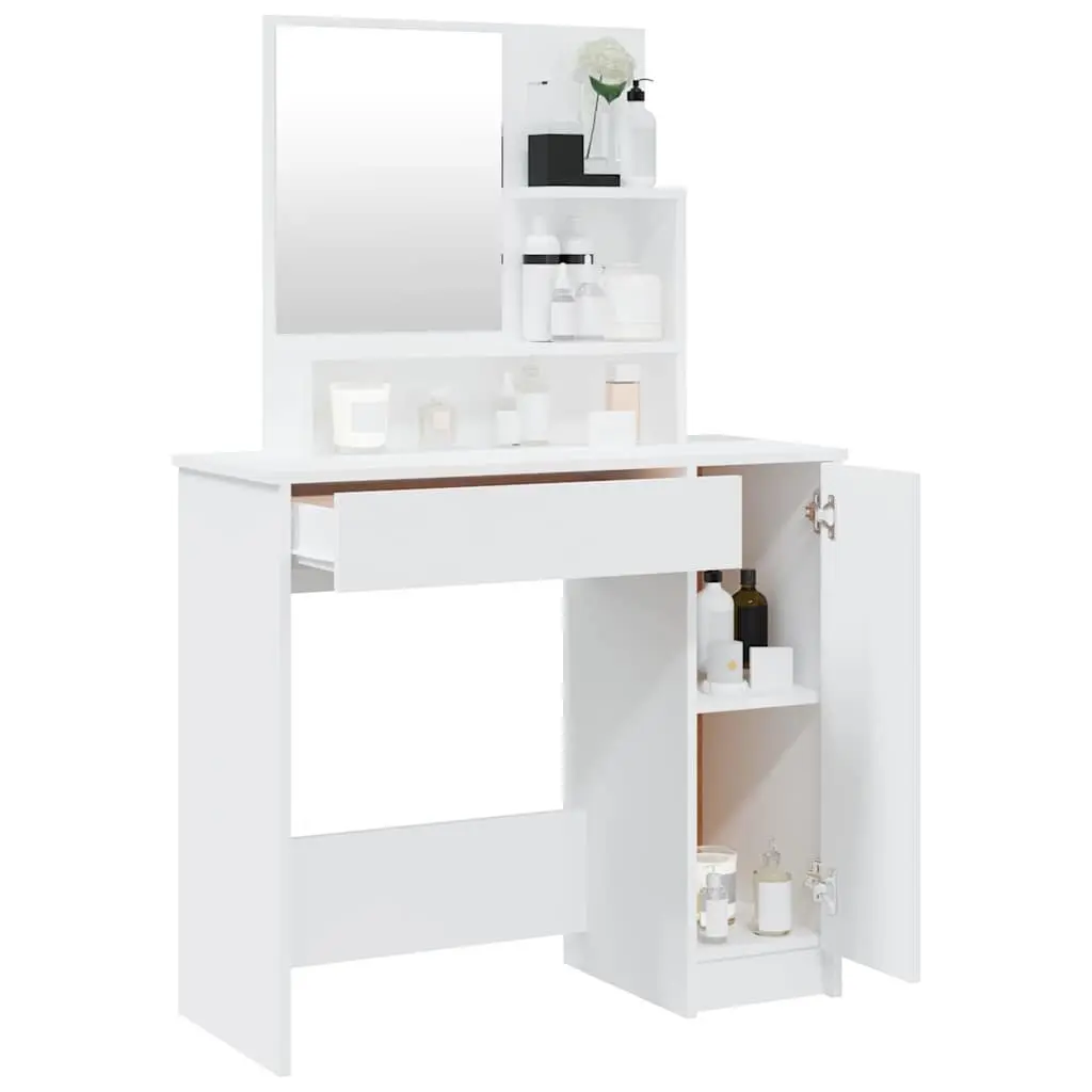 Dressing Table White Engineered Wood with Integrated Mirror Storage Drawer Open Shelves Bedroom Vanity 86.5x35x136cm