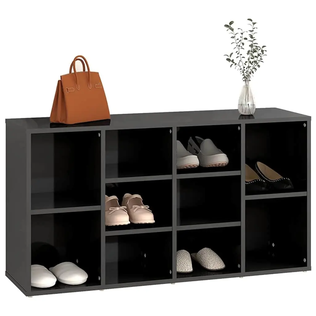 Shoe Organiser Cabinet High Gloss Grey Engineered Wood 10 Shelves Multifunctional Storage Bench