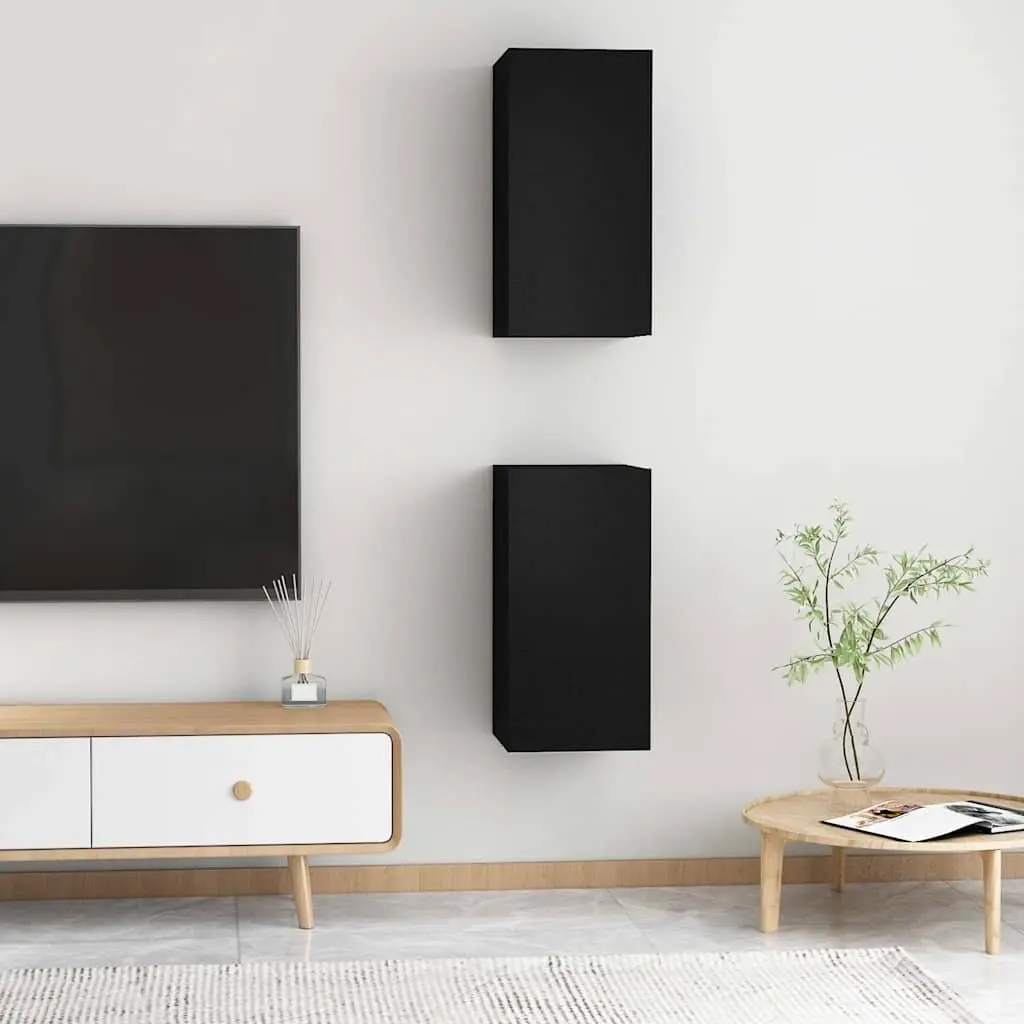 Wall-Mounted Storage Shelves Set Black Engineered Wood 30.5x30x60cm 2 Pieces