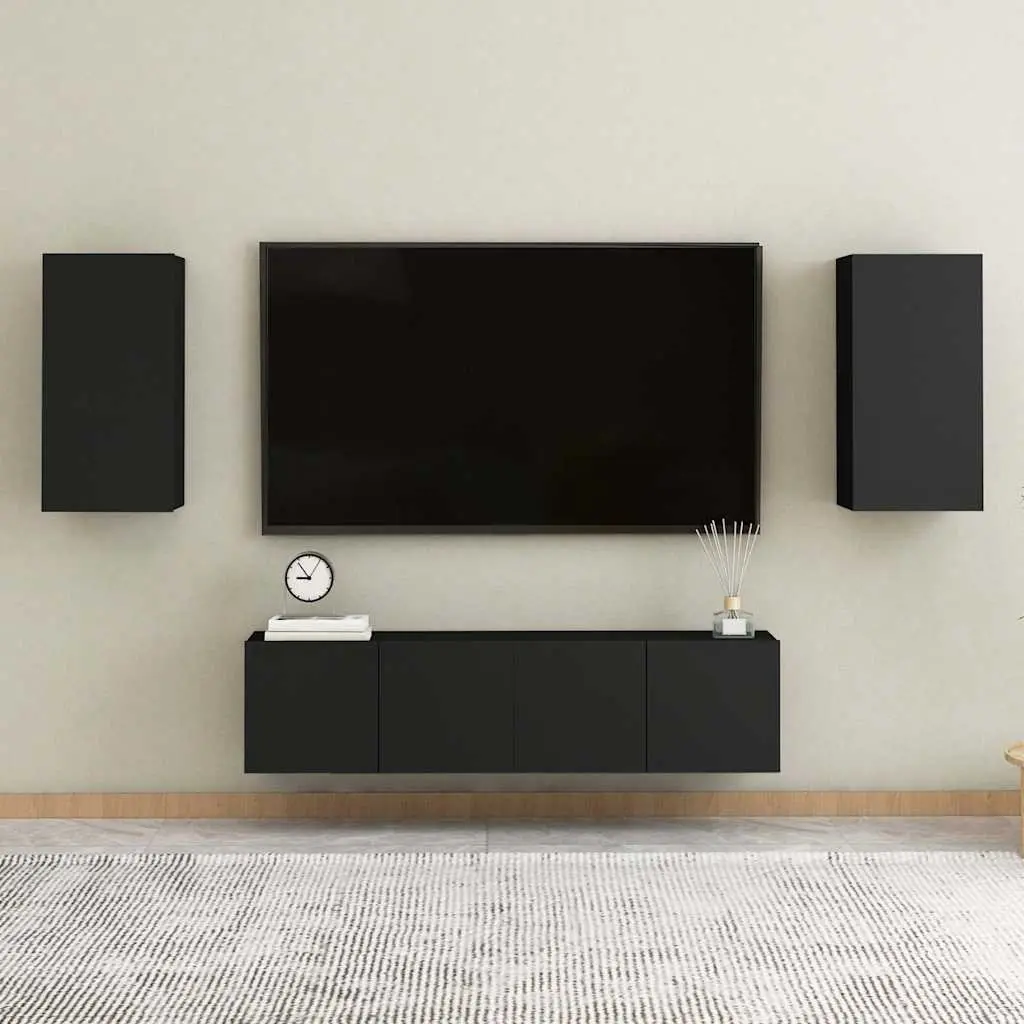 Wall-Mounted Storage Shelves Set Black Engineered Wood 30.5x30x60cm 2 Pieces