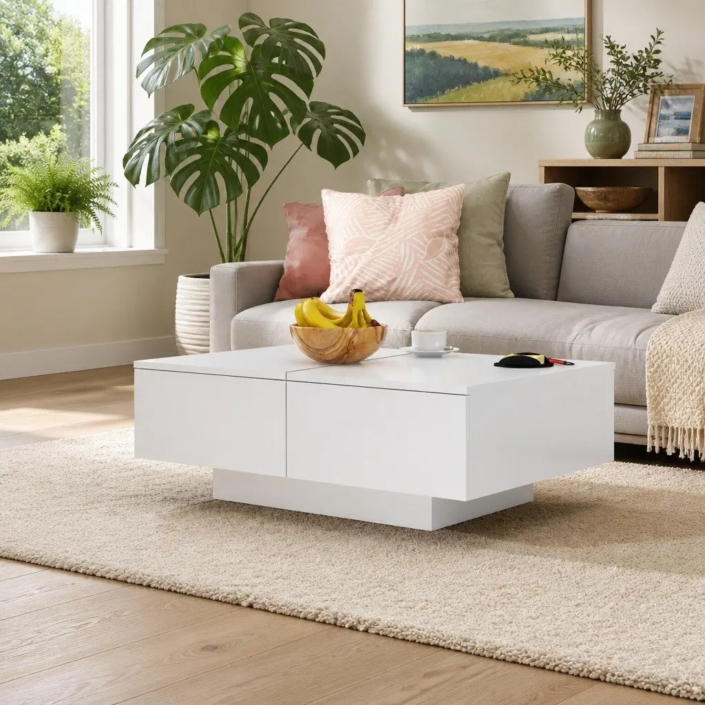 White Engineered Wood Coffee Table Compact Living Room Furniture Size 90x60x31cm