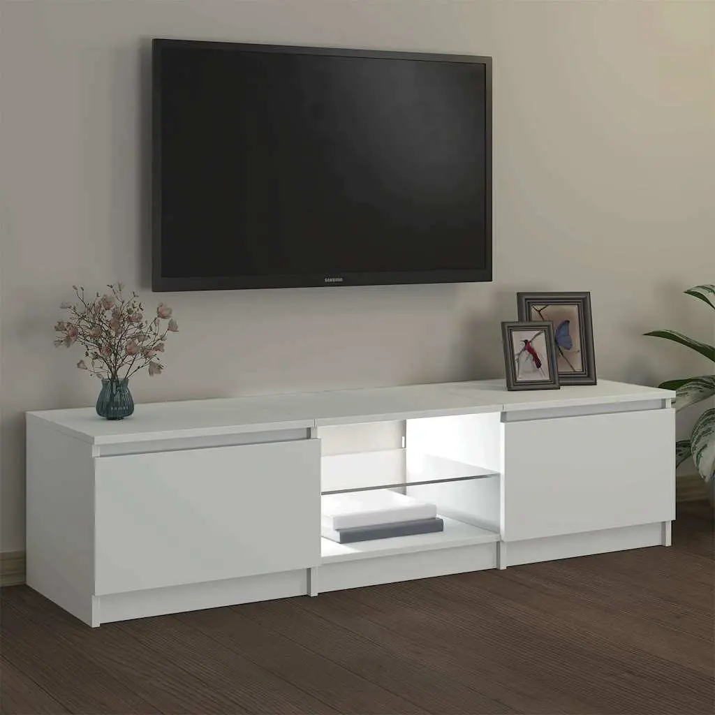 White TV Cabinet with LED Lights Living Room Storage 140x40x36cm Modern Design