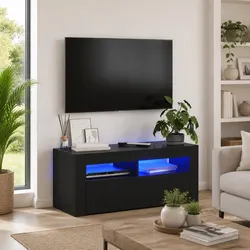 Functional Black TV Cabinet with LED Lighting for Home Use