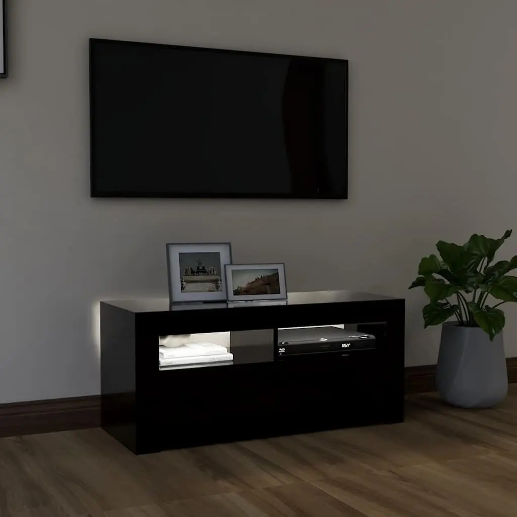 TV Cabinet Black LED Lights Modern Entertainment Unit Storage Display Shelf 90 x 35 x 40 cm