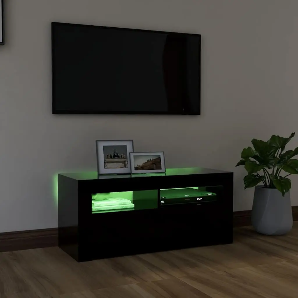 TV Cabinet Black LED Lights Modern Entertainment Unit Storage Display Shelf 90 x 35 x 40 cm
