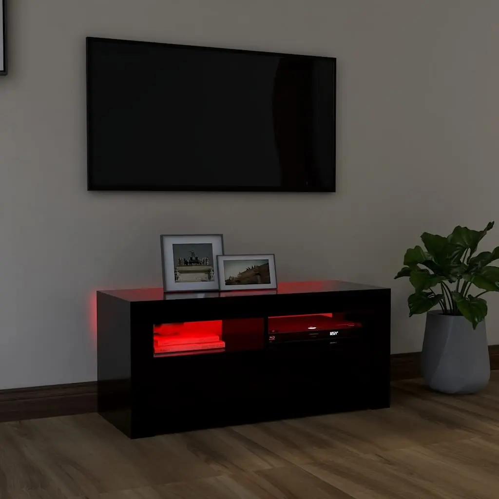 TV Cabinet Black LED Lights Modern Entertainment Unit Storage Display Shelf 90 x 35 x 40 cm