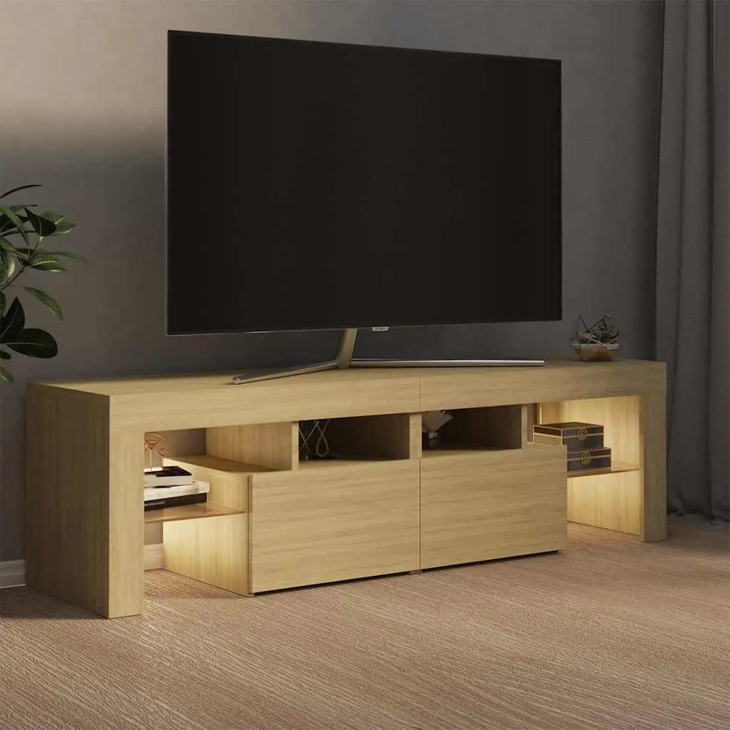TV Cabinet with RGB LED Lights Brown Engineered Wood Media Stand Storage Unit