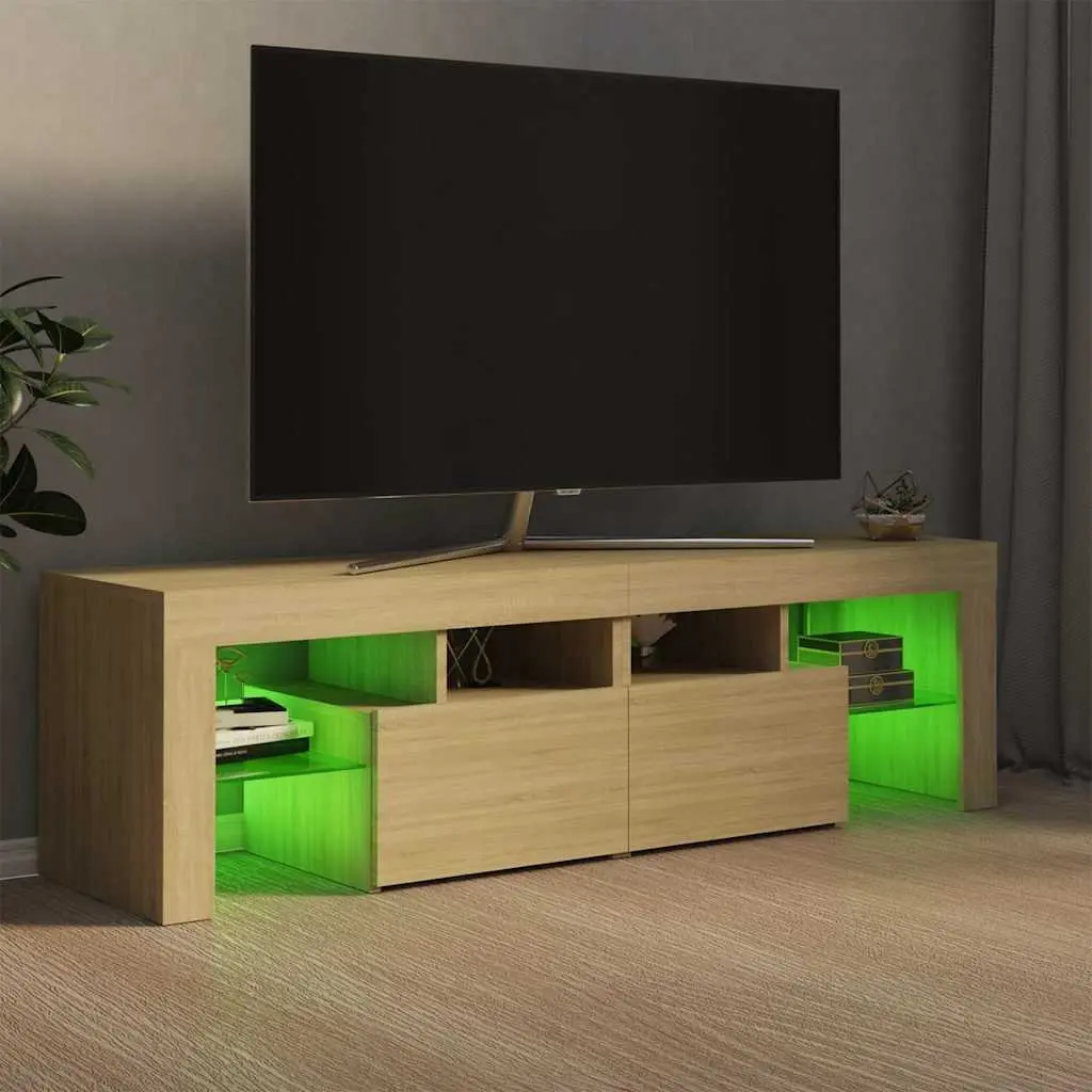 TV Cabinet with RGB LED Lights Brown Engineered Wood Media Stand Storage Unit