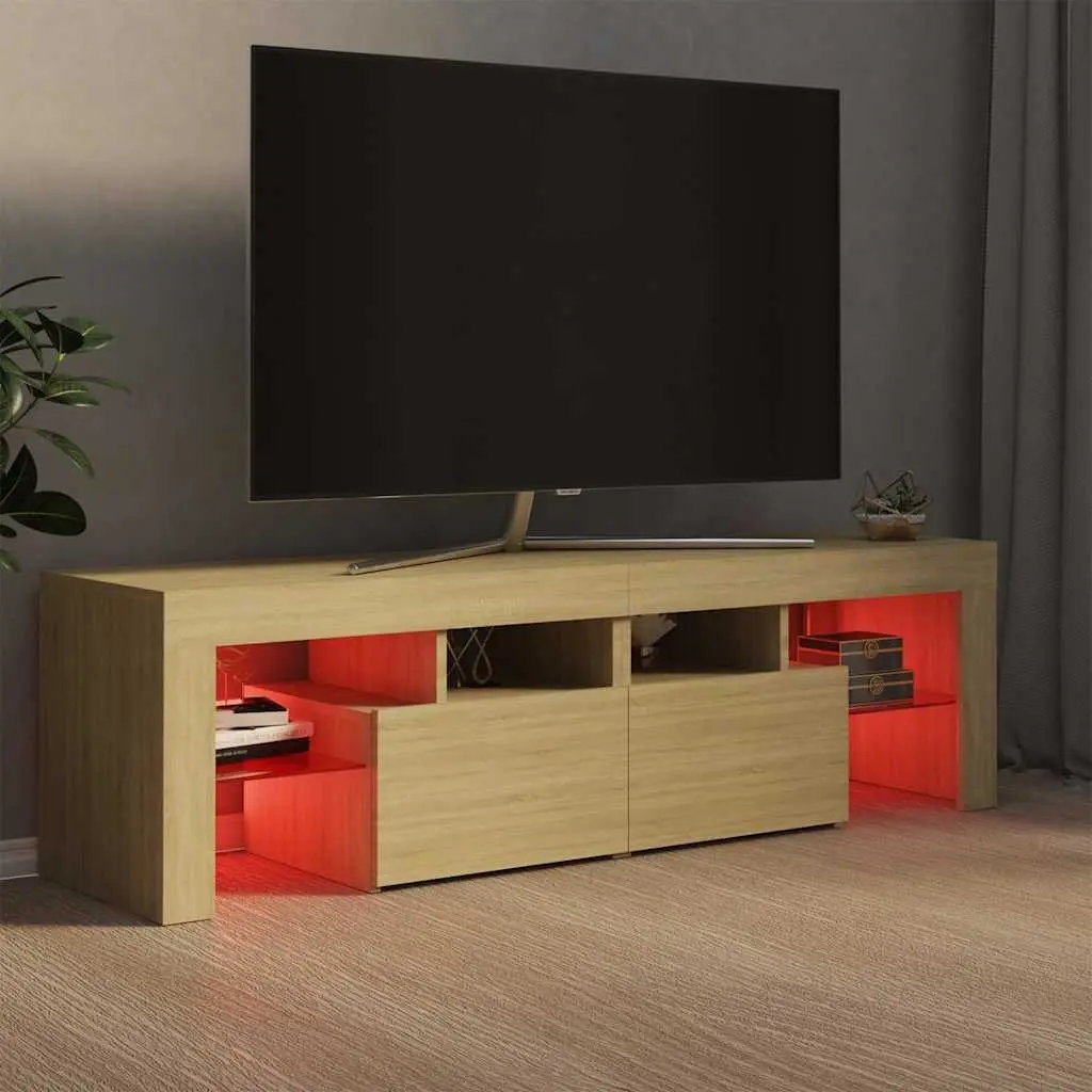 TV Cabinet with RGB LED Lights Brown Engineered Wood Media Stand Storage Unit