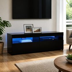 Practical Black TV Cabinet with RGB LED Lighting for Home Use