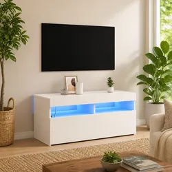 Versatile White TV Cabinet with LED Lights for Media Storage