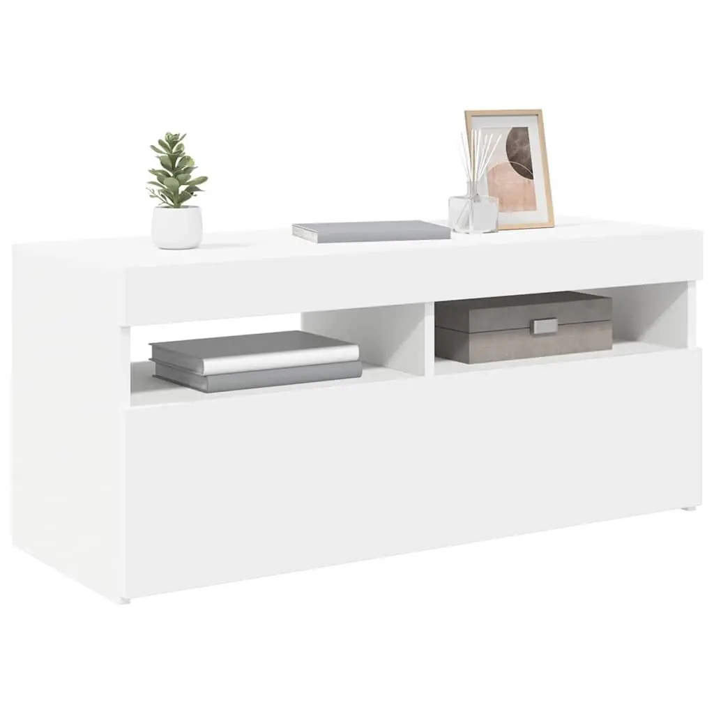 White TV Cabinet with LED Lights for Media Storage