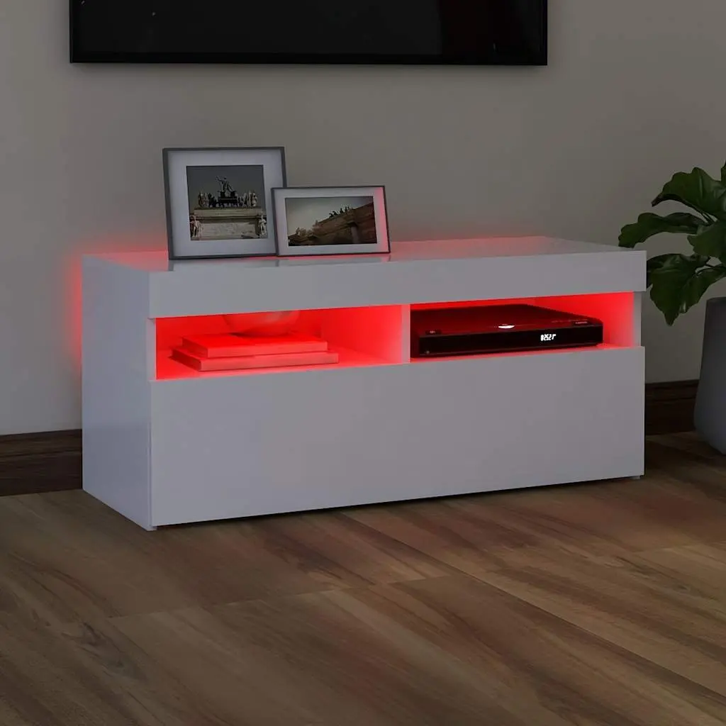 White TV Cabinet with LED Lights for Media Storage