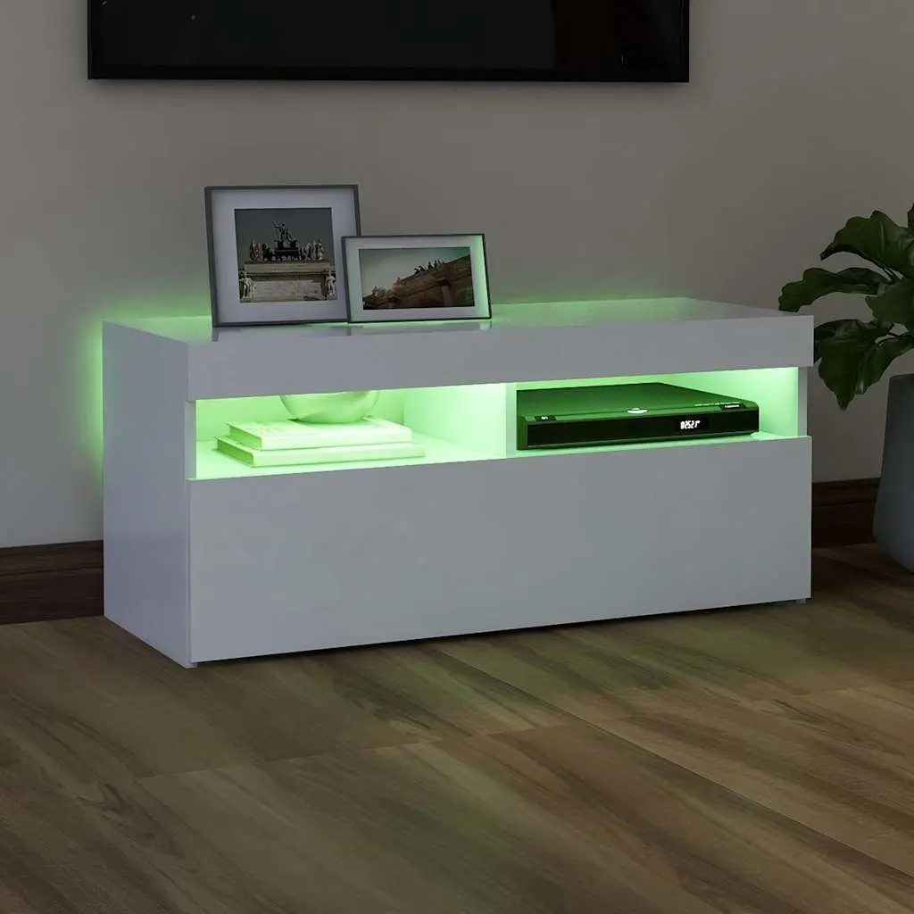 White TV Cabinet with LED Lights for Media Storage