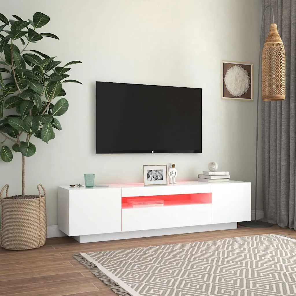 TV Cabinet Engineered Wood 160cm White with LED Lights
