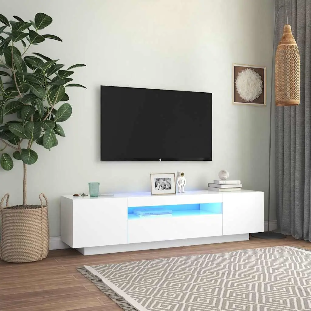 TV Cabinet Engineered Wood 160cm White with LED Lights