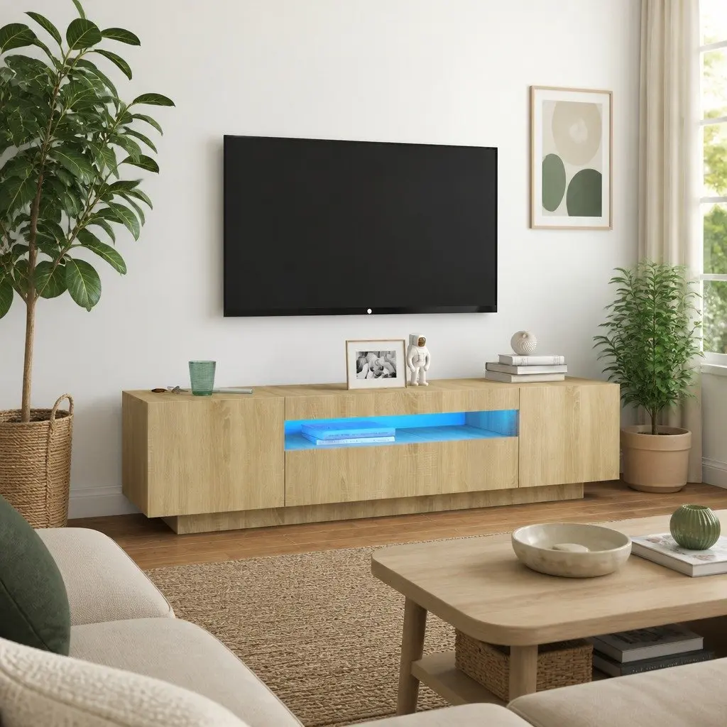 TV Cabinet Brown Sonoma Oak RGB LED Lights Media Storage Unit 160x35x40cm