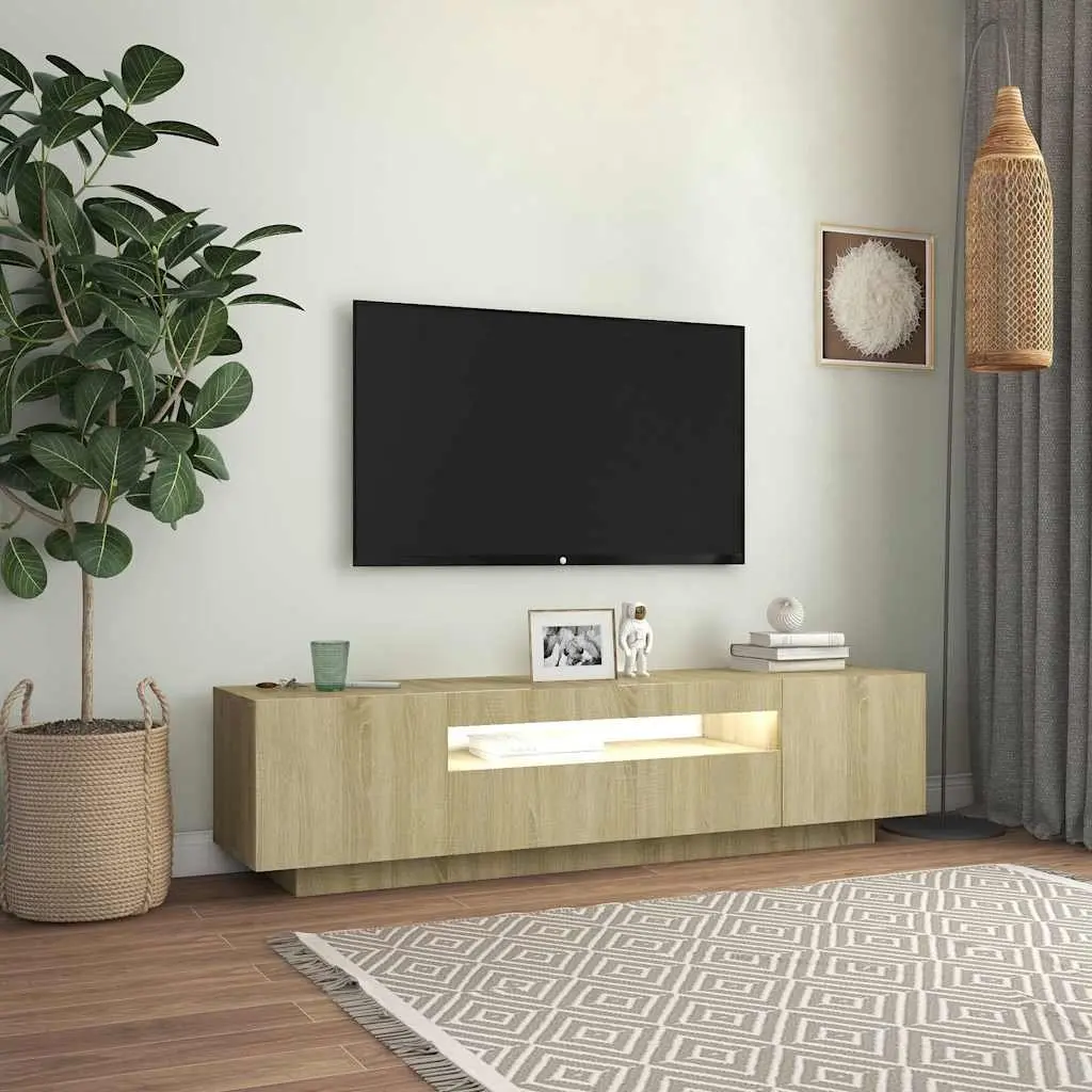 TV Cabinet Brown Sonoma Oak RGB LED Lights Media Storage Unit 160x35x40cm