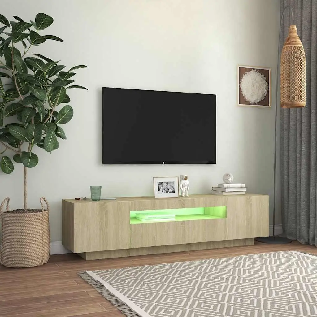TV Cabinet Brown Sonoma Oak RGB LED Lights Media Storage Unit 160x35x40cm