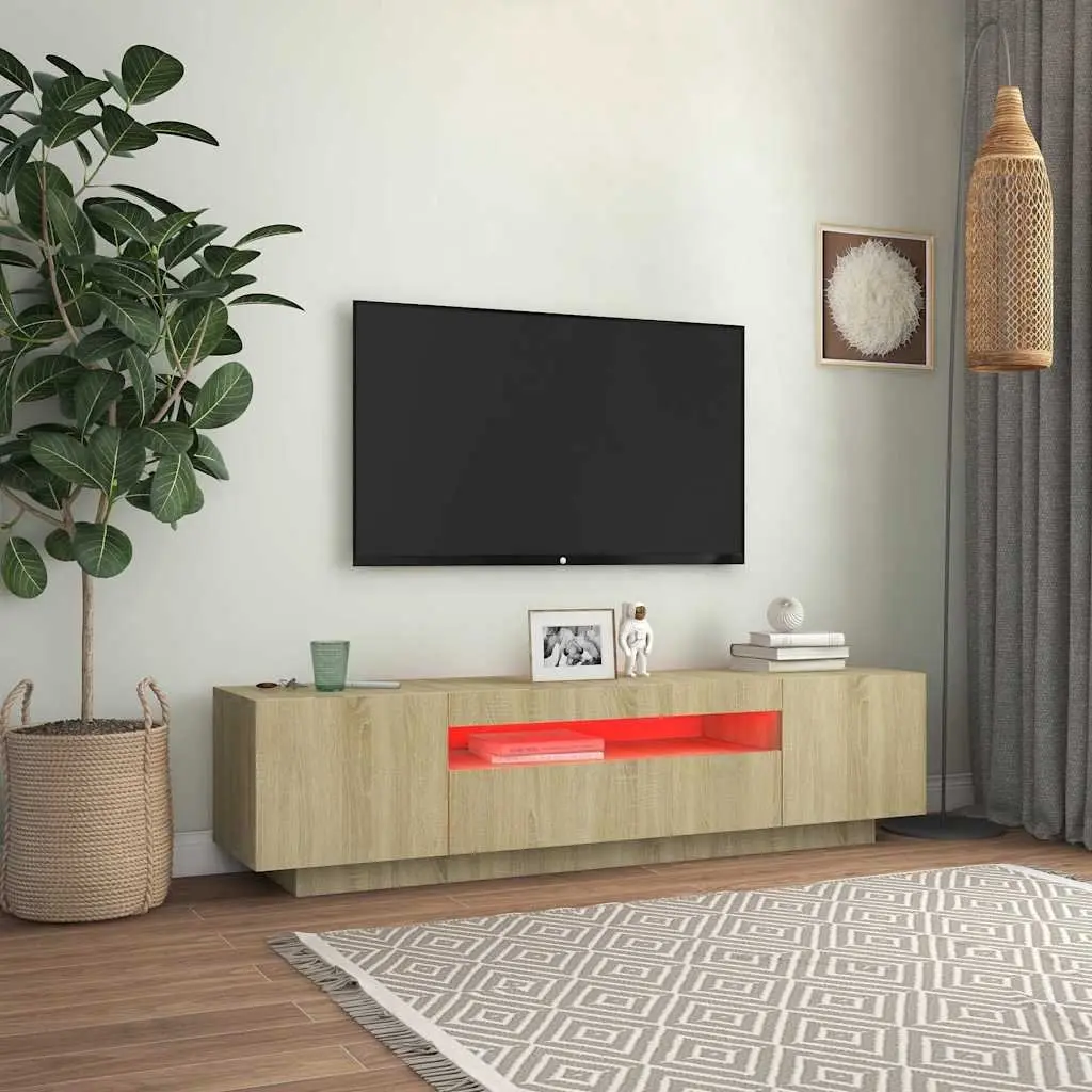 TV Cabinet Brown Sonoma Oak RGB LED Lights Media Storage Unit 160x35x40cm