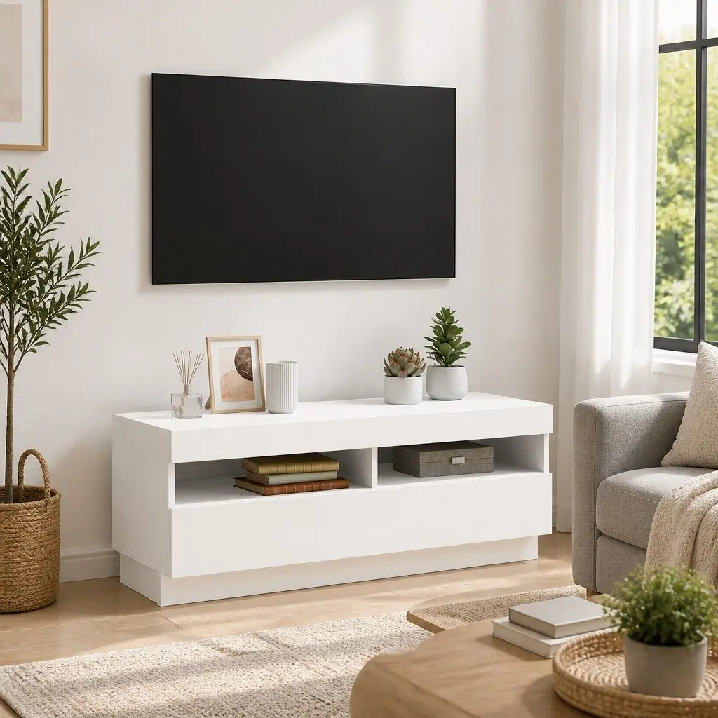 White TV Cabinet with RGB LEDs for Media Storage