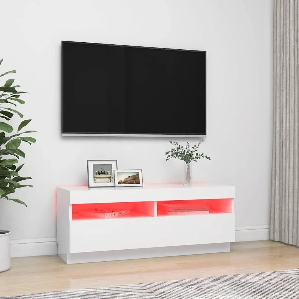 White TV Cabinet with RGB LEDs for Media Storage