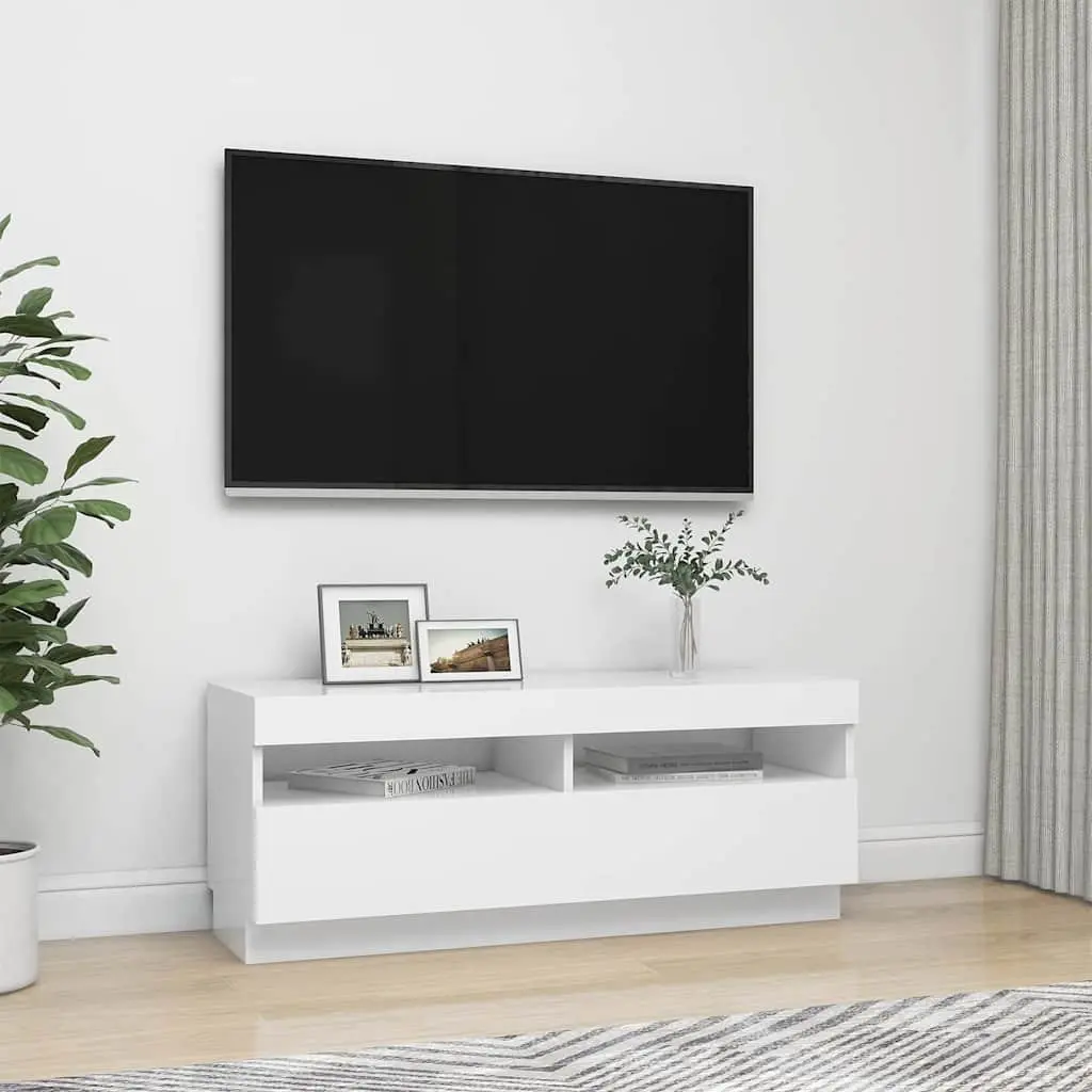 White TV Cabinet with RGB LEDs for Media Storage