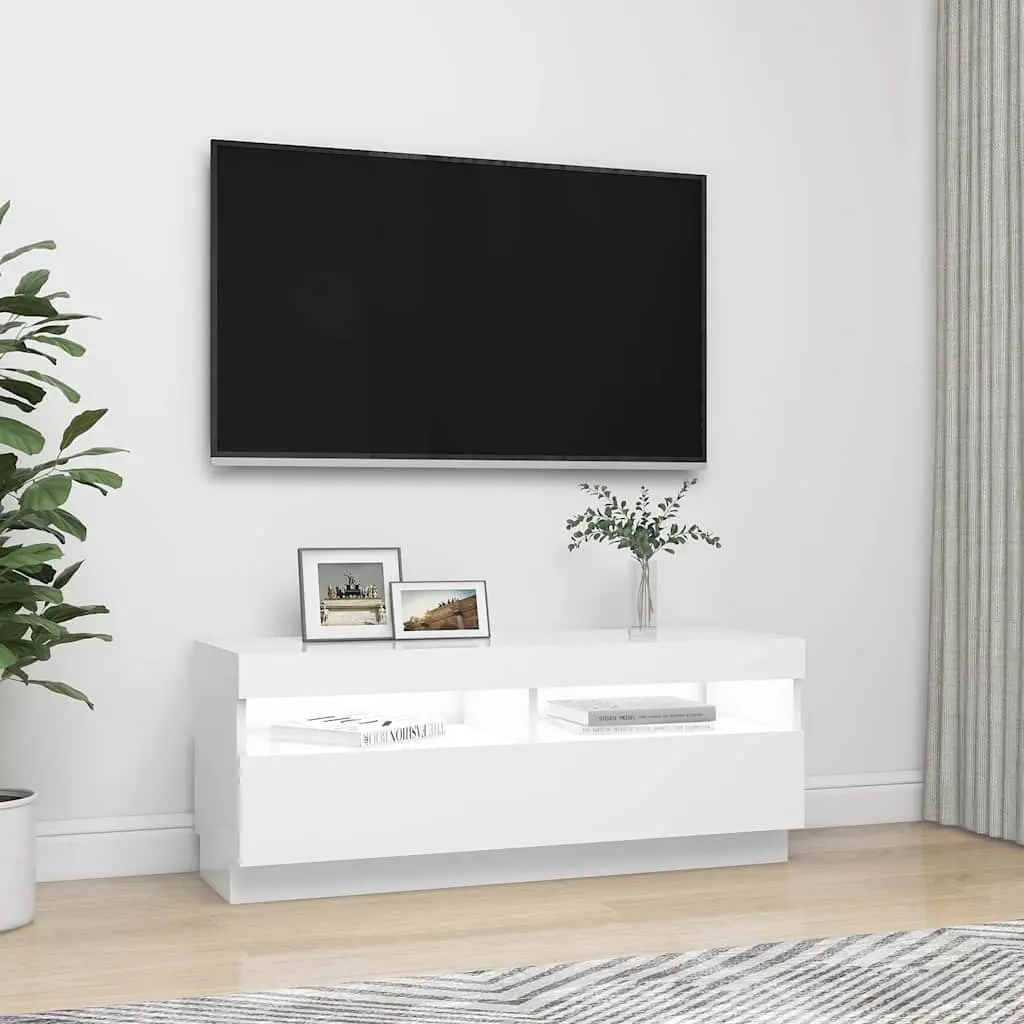 White TV Cabinet with RGB LEDs for Media Storage