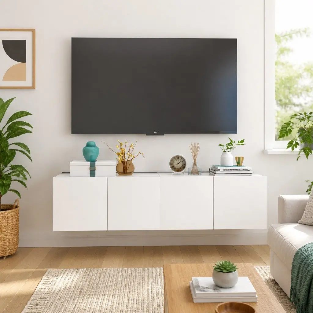 Wall Mounted TV Cabinet Unit White Modern Storage Shelving Compartments