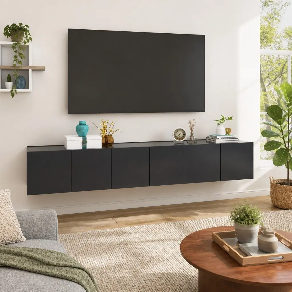 TV Cabinet Set Wall Mounted 3 Pieces Grey Storage Unit Living Room Furniture