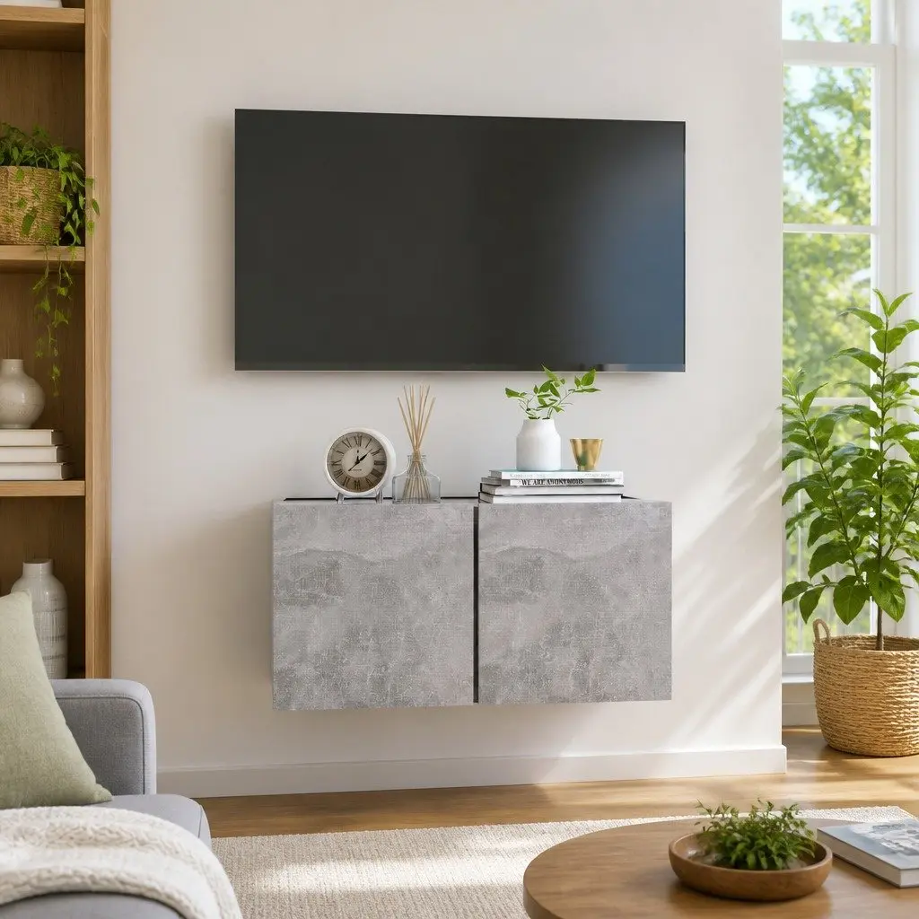 Grey Wall Mounted Storage Unit Contemporary TV Cabinet with Two Compartments 60x30x30cm