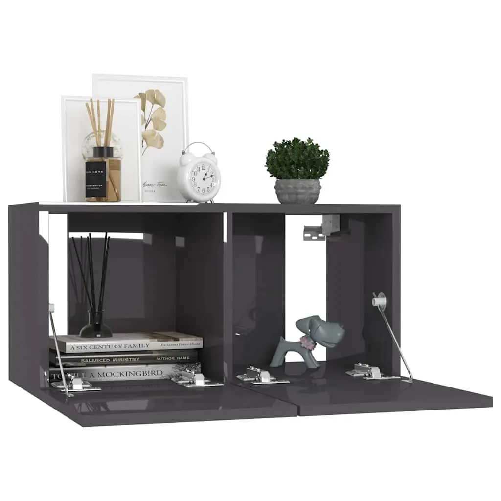 Wall Mounted TV Cabinet Set 2 Piece High Gloss Grey Storage Unit Living Room