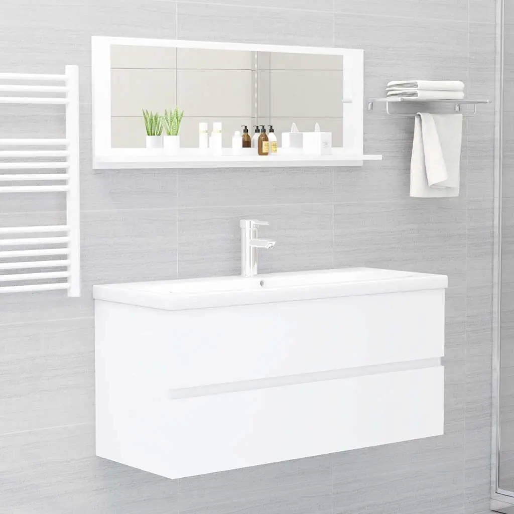 Bathroom Mirror Wall Mount Engineered Wood White with Shelf Storage