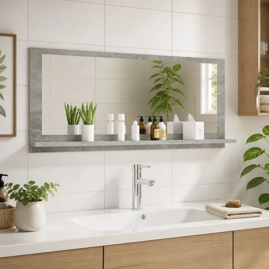 Wall Mount Bathroom Mirror Engineered Wood Grey with Shelf 100x10.5x37cm
