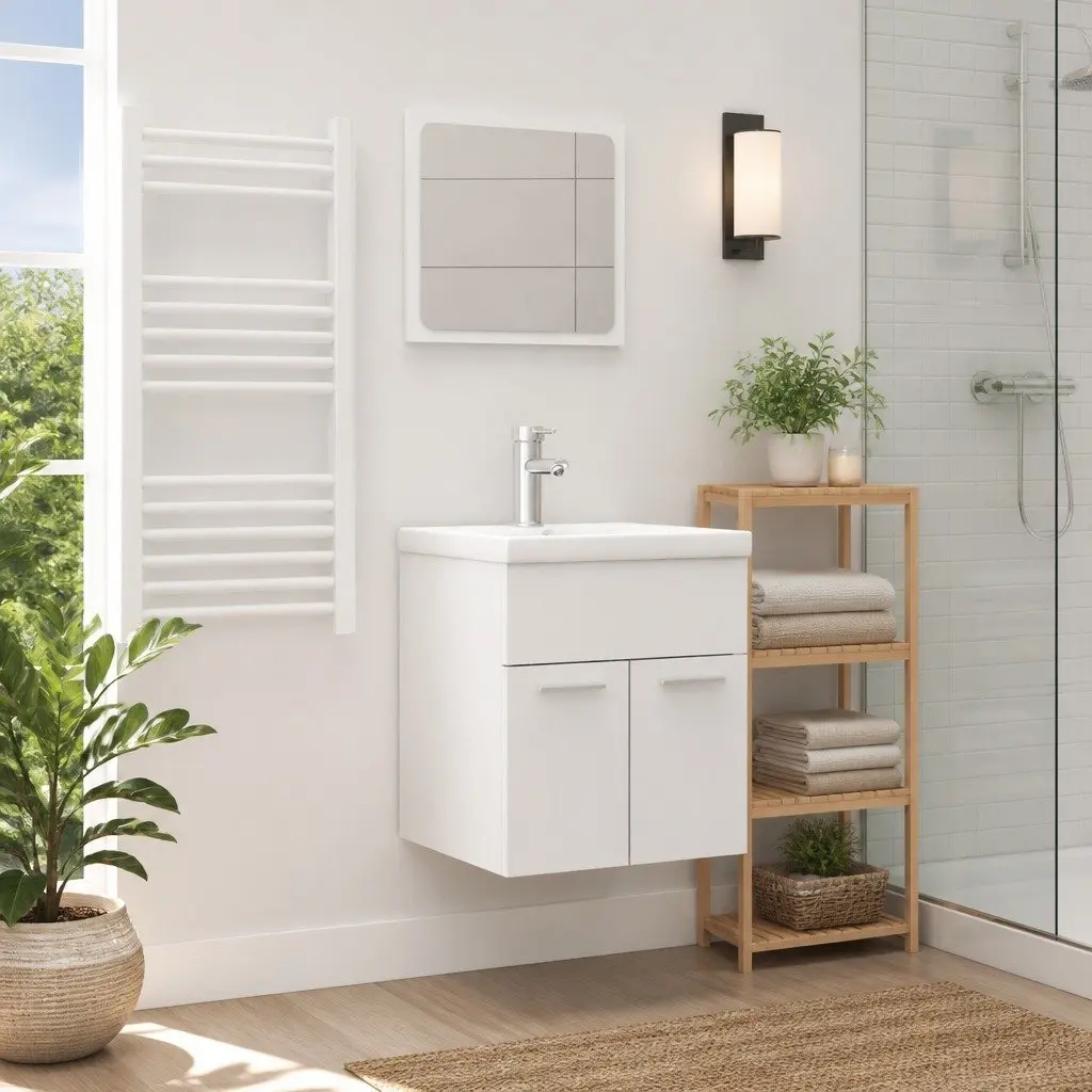 Bathroom Set Engineered Wood 2 Piece White Cabinet Mirror Storage