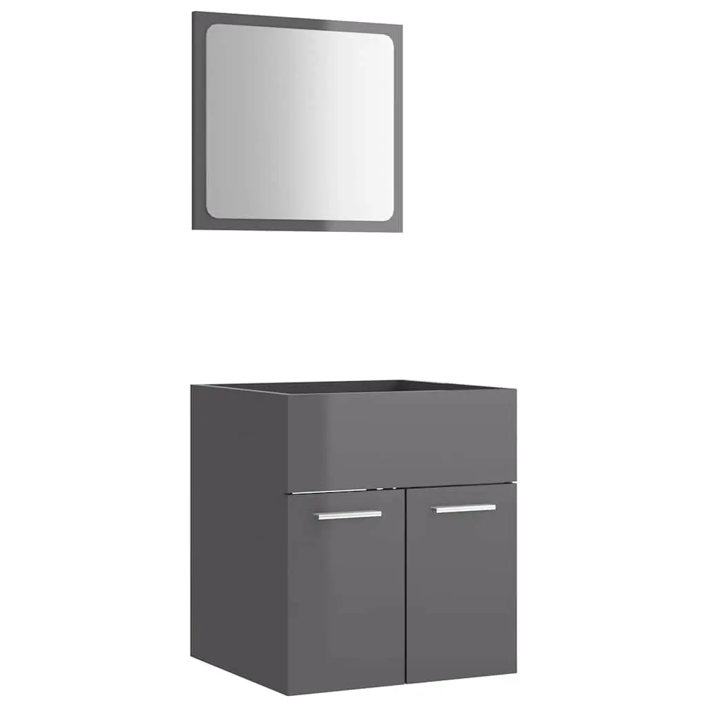 2 Piece Bathroom Set Engineered Wood High Gloss Cabinet and Mirror Grey