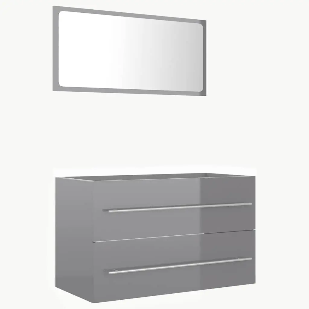 Bathroom Set Engineered Wood Grey High Gloss 2 Piece Mirror Cabinet