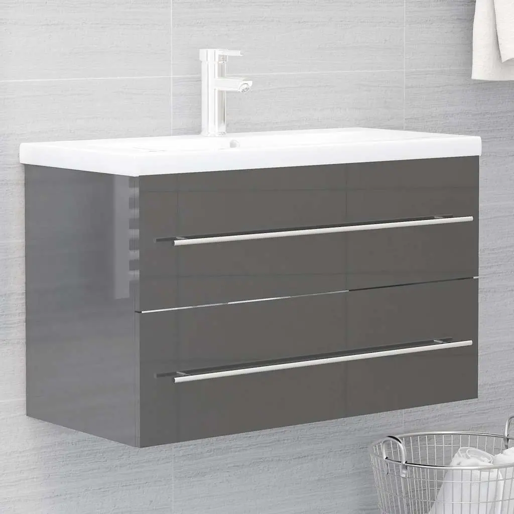 Bathroom Set Engineered Wood Grey High Gloss 2 Piece Mirror Cabinet