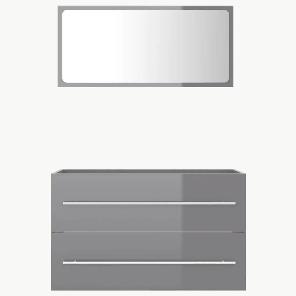 Bathroom Set Engineered Wood Grey High Gloss 2 Piece Mirror Cabinet