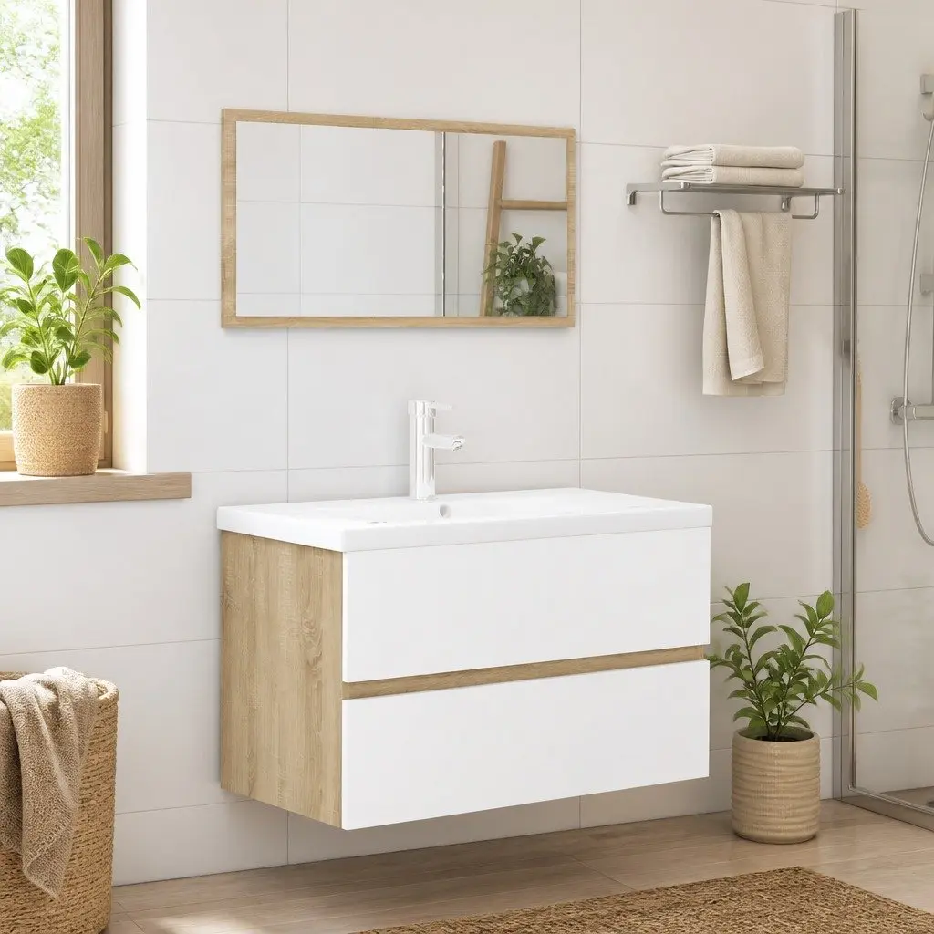 Bathroom Furniture Set Engineered Wood 2 Piece White Sonoma Oak Mirror Cabinet Storage Drawer