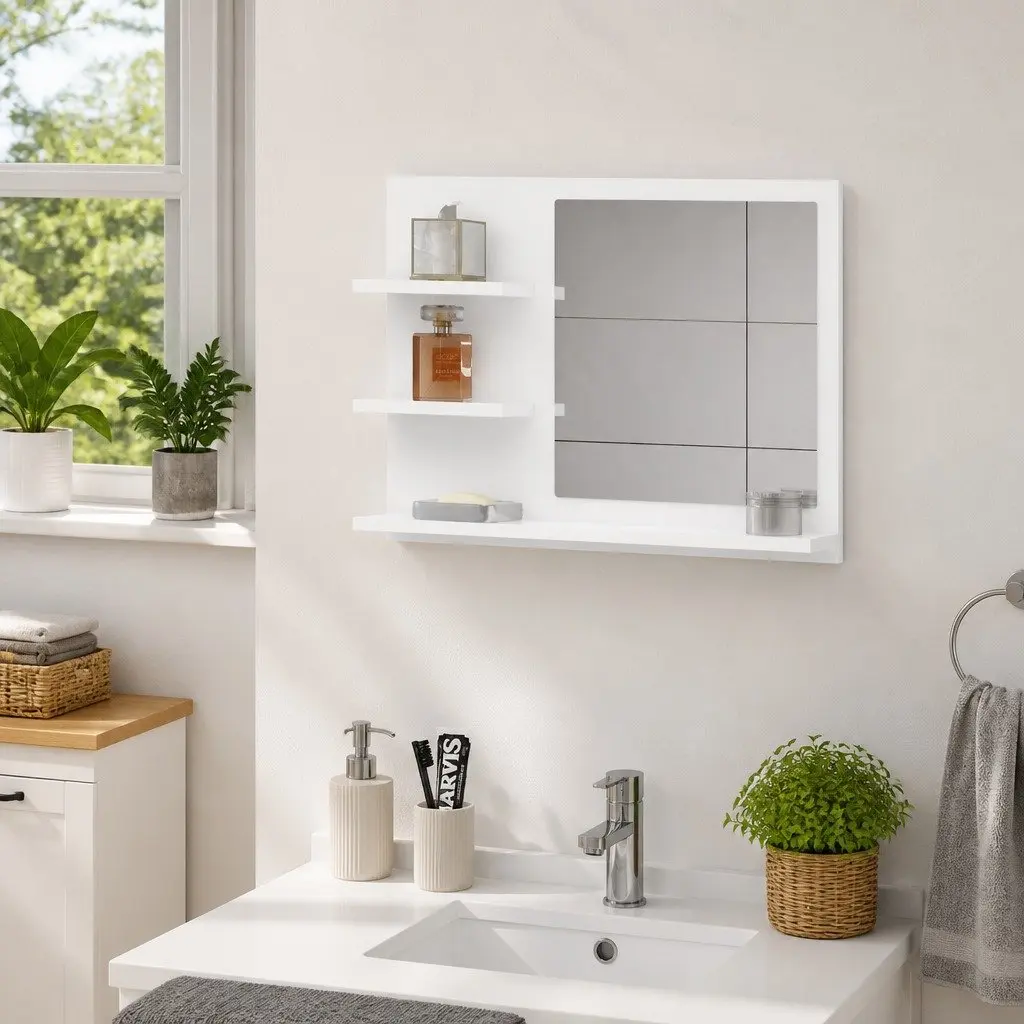 Bathroom Vanity Mirror Engineered Wood and Acrylic 60x10.5x45 cm White Wall Mount with 3 Storage Shelves