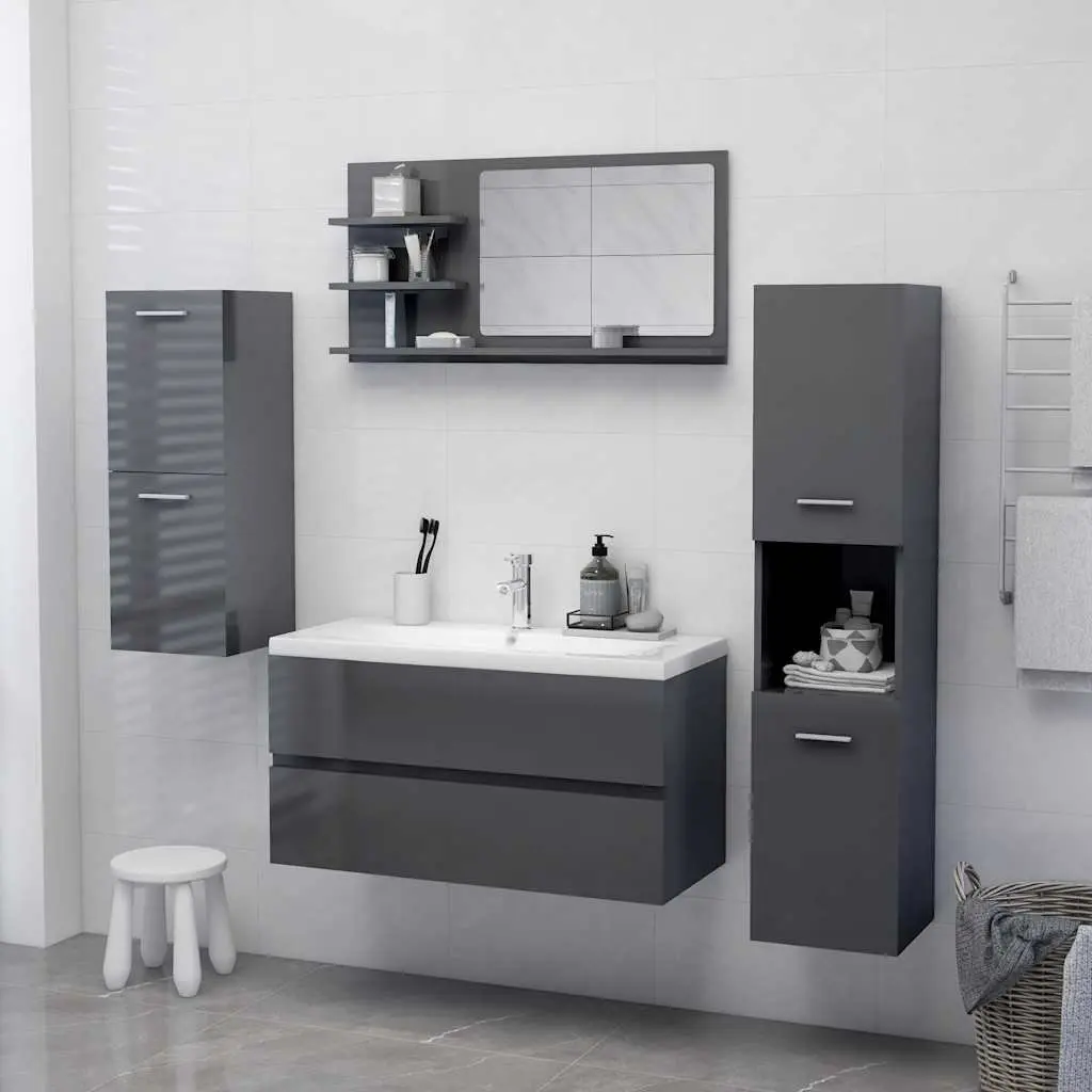 Bathroom Mirror Wall Mounted High Gloss Grey Engineered Wood and Acrylic with 3 Storage Shelves 90W x 10.5D x 45H cm